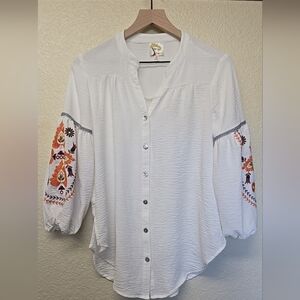 Anthropologie Fig And Flower White EMBROIDERED Blouse Boho Sz SMALL EXCELLENT CO